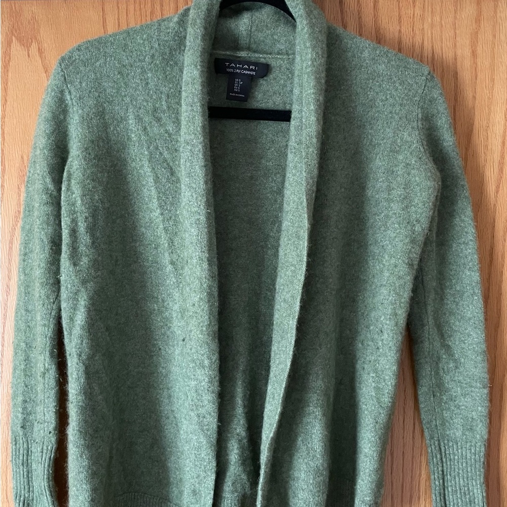 Cashmere Open-Front Shawl Collar Cardigan in Light Sage